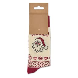 A sock featuring a Santa Claus design, predominantly cream with red accents, and attached to a cardboard tag.