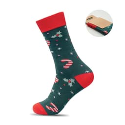 A green sock with red accents, featuring a festive pattern of candy canes and snowflakes. Includes a branding tag.