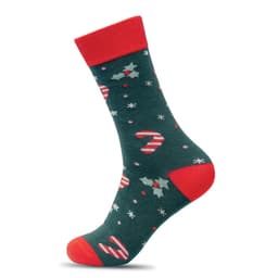 A green Christmas-themed sock with red accents featuring candy canes and holly leaves. It has a logo on the side.