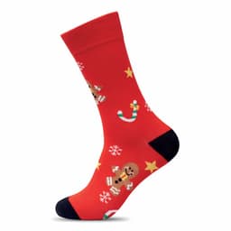 A bright red sock featuring gingerbread men, candy canes, and stars, with a black toe and cuff. It has a festive design.