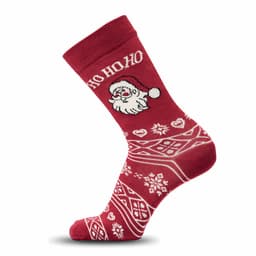 A red Christmas sock with a Santa design, featuring white patterns of snowflakes and hearts. It has a logo on it.