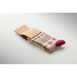 A pair of cream-coloured socks with a maroon pattern, presented in a cardboard packaging.