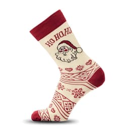 A Christmas-themed sock featuring Santa Claus with red and cream colours and a festive patterned design.