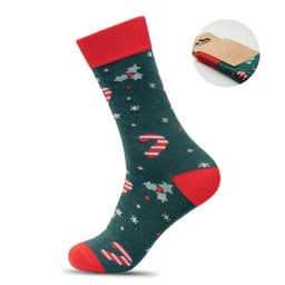 Colourful socks featuring candy canes and holly on a dark green background, with red cuffs and heels. Includes a branding tag.