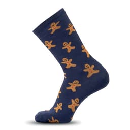 A pair of navy socks featuring a gingerbread man pattern in orange and brown. The socks have a ribbed cuff.