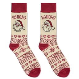 A pair of festive socks featuring a Santa design, predominantly cream and red, with holiday-themed patterns.