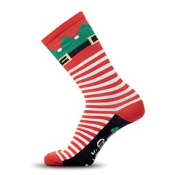 A red and white striped sock with a green elf design and a black heel, featuring festive patterns.