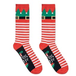 A pair of festive socks with red and white stripes, green elf detailing, and a black section with a logo.