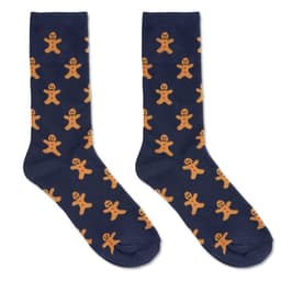 Navy blue socks featuring an all-over pattern of gingerbread men in orange. They have a playful and festive design.