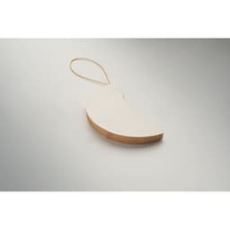 A decorative product shaped like a crescent, featuring a smooth white surface and a natural wood base.