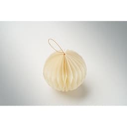 A decorative cream paper bauble with a pleated design and a hanging loop.