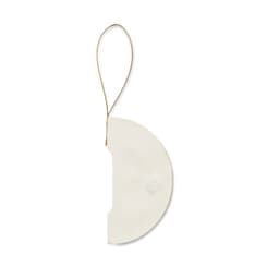 A decorative white bauble with a string for hanging, featuring a simple half-moon shape.