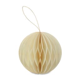 A decorative, cream-coloured paper honeycomb ornament with a gold string for hanging.