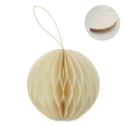 A decorative cream honeycomb bauble with a golden string for hanging, featuring a layered, textured design.