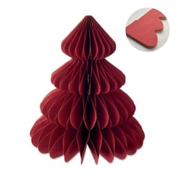 A red decorative paper Christmas tree with layered folds, accompanied by a circular inset showing a detail of the design.