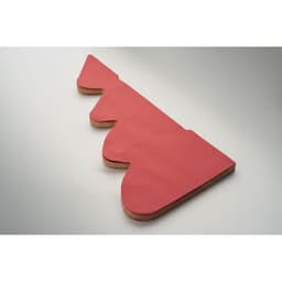 A red decorative item with a scalloped edge, featuring a wooden backing. It has a simple, contemporary design.