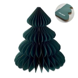 A decorative paper tree in deep green, featuring a layered design and a small inset of the product's branding.