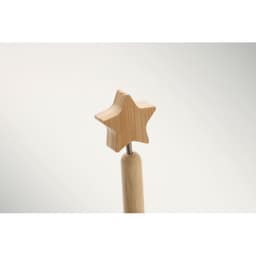 A wooden pen with a star-shaped top, featuring a natural wood finish. The pen has a silver clip.