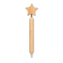 A star-shaped pen with a wooden top and a lightweight bamboo body. The pen has a clear plastic tip.