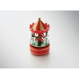 A decorative carousel music box featuring a red and gold design with rotating horse figurines.