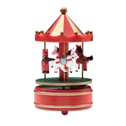 A decorative carousel featuring three painted horses and a red-striped canopy with a gold trim.