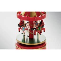 A decorative carousel featuring red and white horses, with a vibrant red and gold canopy.