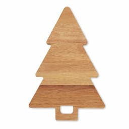A wooden cutting board shaped like a Christmas tree, featuring a natural wood finish with varying shades.