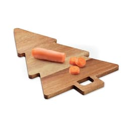 A wooden chopping board shaped like a Christmas tree, with a whole carrot and sliced pieces on it.