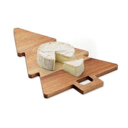 A wooden cheese board shaped like a Christmas tree, featuring a round cheese wheel and a sliced piece.