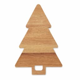 A wooden Christmas tree-shaped cutting board in natural wood tones with a handle cutout.