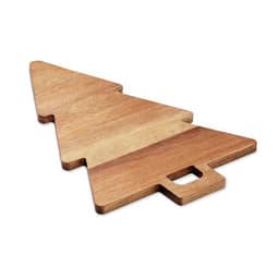 A wooden serving board shaped like a Christmas tree with a handle, featuring a natural wood finish.