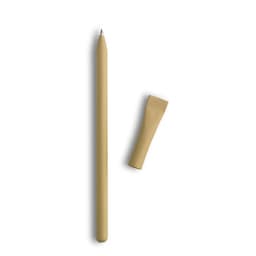 A pen with a natural wood finish and a removable cap placed beside it. The design is minimalist and eco-friendly.
