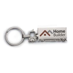 A keychain featuring a silver truck design with a logo and the words "Home Builder."