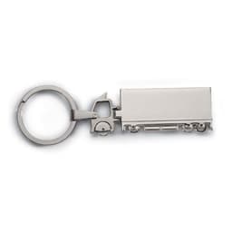 A keyring featuring a silver truck design, with a circular attachment for keys.