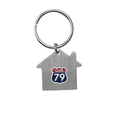 A silver keyring in the shape of a house, featuring a logo with the text "CLUB 79".