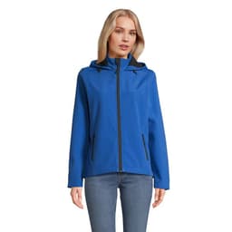 A blue race hooded women's jacket with a zip front and pockets, featuring a logo on the left chest.