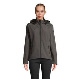 A grey hooded jacket for women with a zip front and two side pockets. The model is wearing it over black trousers.