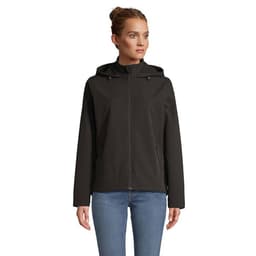 A hooded women's jacket in black, featuring a front zip and pockets, worn with blue jeans.