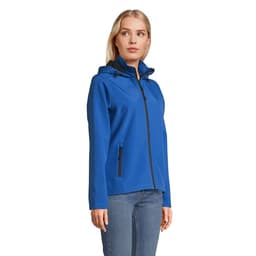 A blue hooded jacket for women features a zip front and side pockets. The jacket has a logo on it.