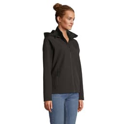 A black hooded women's jacket with a zip front and two side pockets, displayed on a model.