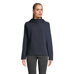 A navy hooded women's jacket featuring a full zipper and side pockets, with a logo on the jacket.