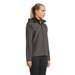 A women's hooded jacket in dark grey featuring a zip front and side pockets, with a logo on it.