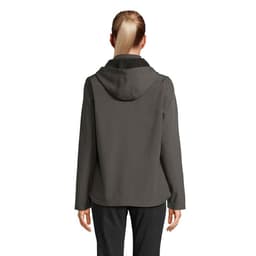A grey hooded jacket for women, featuring a back view with a simple design and a hood.