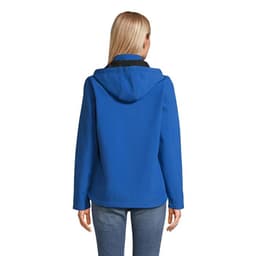 A blue hooded jacket with a black collar, featuring a logo on the back, worn by a woman from behind.