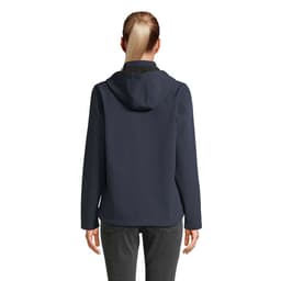 A navy hooded jacket designed for women, featuring a fitted silhouette and a back view. It includes a logo on the fabric.