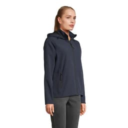 A navy hooded women's jacket with a zip front, featuring a sleek design and side pockets. Comes with branding.