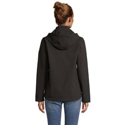 A hooded jacket in black, featuring a simple design with a back view of a woman wearing it.