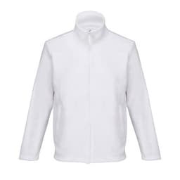 A white fleece jacket with a zip-up front and two side pockets, featuring a high collar.