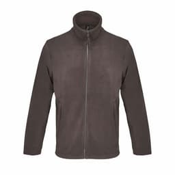 A brown zip-up fleece jacket featuring a high collar and side pockets. The jacket has a plain design and no visible branding.