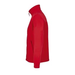 A red zip-up jacket with a high collar and side pockets, featuring a smooth, textured fabric.